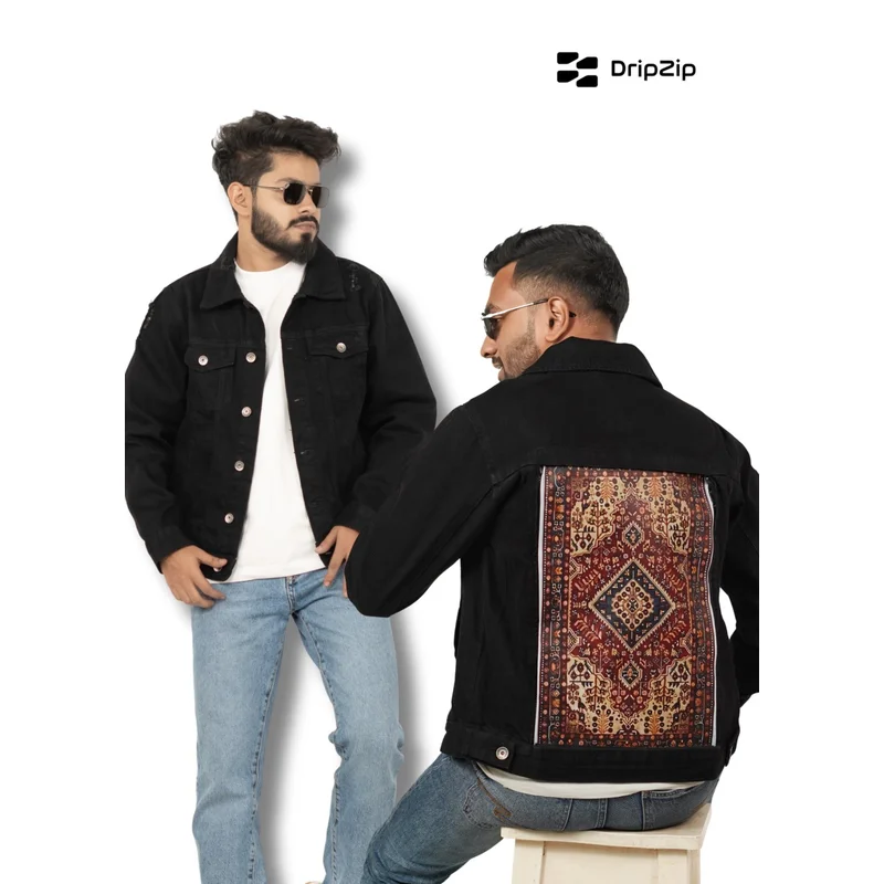 Black Denim Jacket - Red Pattern